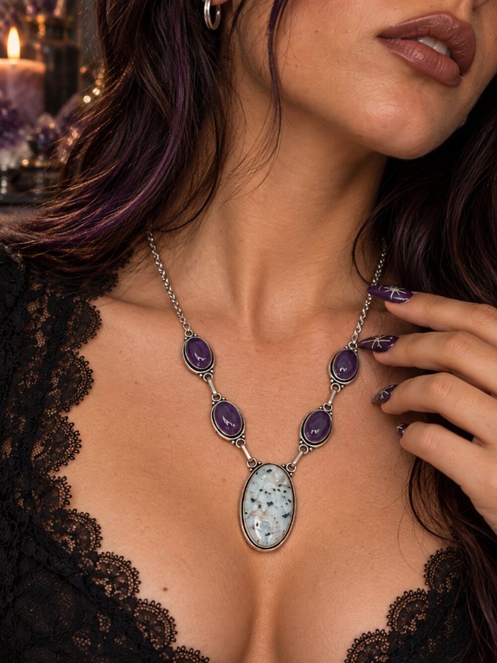 Amethyst Kiwi Jasper 925 Sterling Silver Statement Bib Necklace Multi Stone 19"